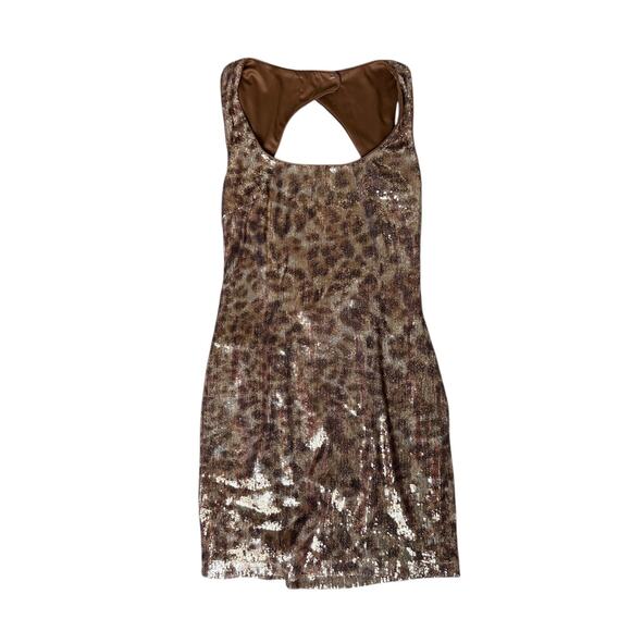 Cache Women's 8 Metallic Gold Sequin Cheetah Leopard Open Back Mini Sheath Dress - Picture 8 of 9